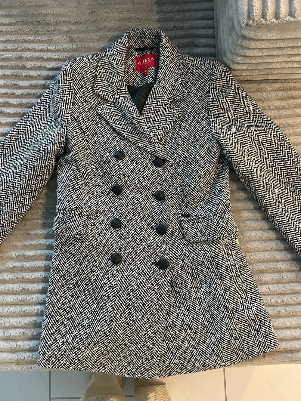 GUESS Black & White Herringbone Double-Breasted Pea Coat